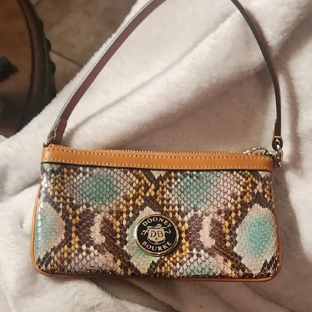 Dooney & Bourke Snake Print Clutch with Blue and Brown Accents